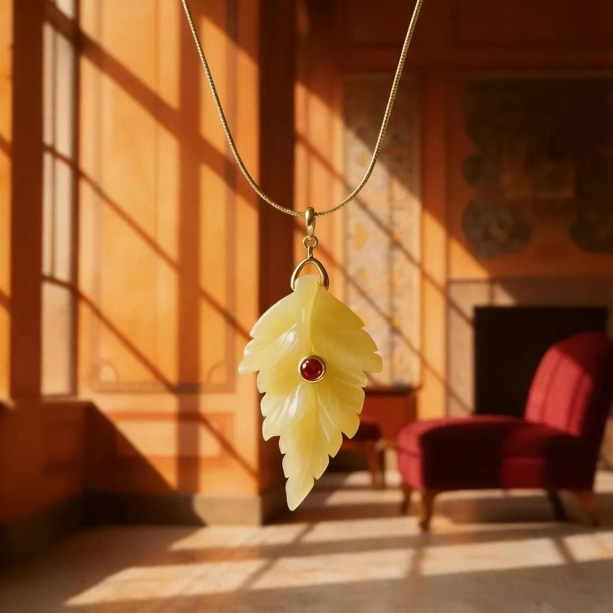 The Fiorella Necklace from Chica Chica Jewelry, a yellow carved leaf pendant necklace with a small red gemstone in the center, hanging from a gold chain in a warm, sunlit room with wooden walls and a red chair in the background.