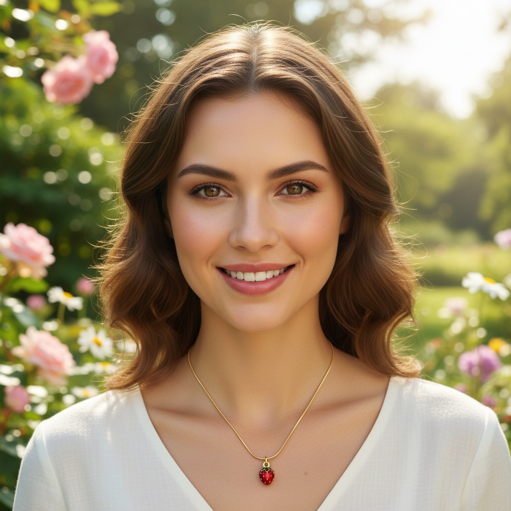 Woman with the Fragola Charm Necklace featuring a red pendant in a garden setting