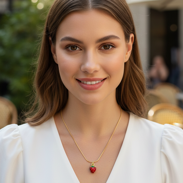 Woman wearing a white blouse and Fragola Charm Necklace with a red pendant in an outdoor setting.
