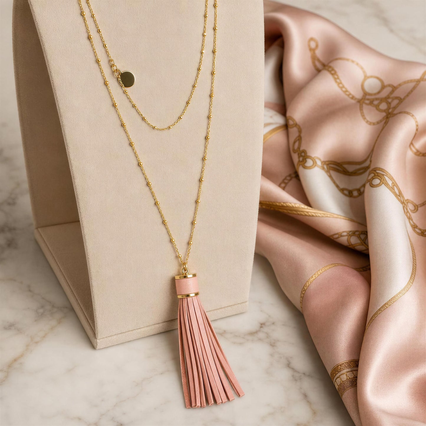 The Frangia Rosa Necklace, a necklace with a pink faux-leather tassel pendant, displayed on a beige jewelry stand next to a pink satin scarf with gold chain patterns.