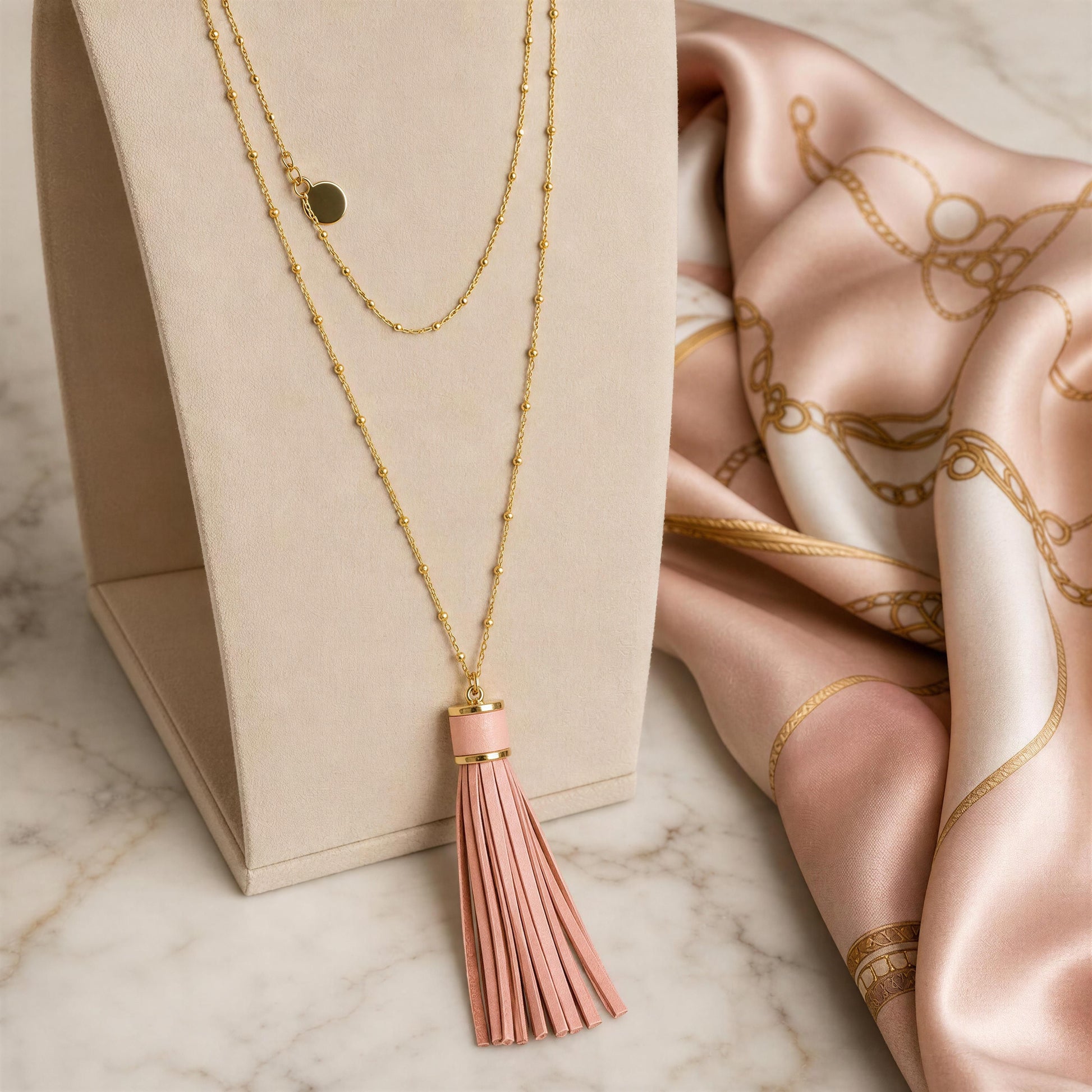 The Frangia Rosa Necklace, a necklace with a pink faux-leather tassel pendant, displayed on a beige jewelry stand next to a pink satin scarf with gold chain patterns.