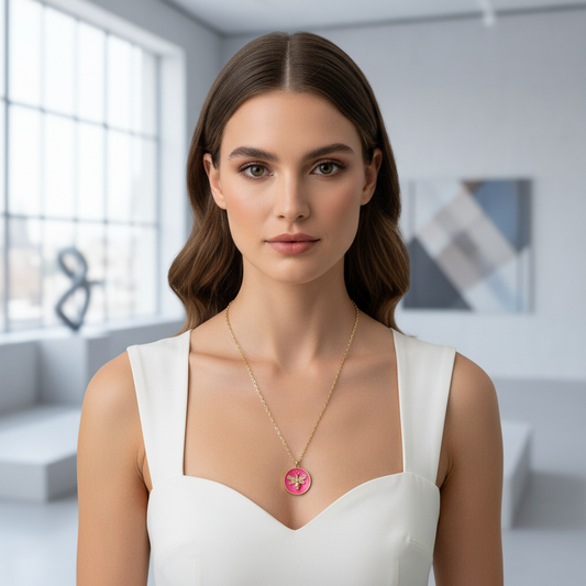 Woman wearing a Chica Chica Jewelry necklace with a pink pendant in a modern indoor setting.