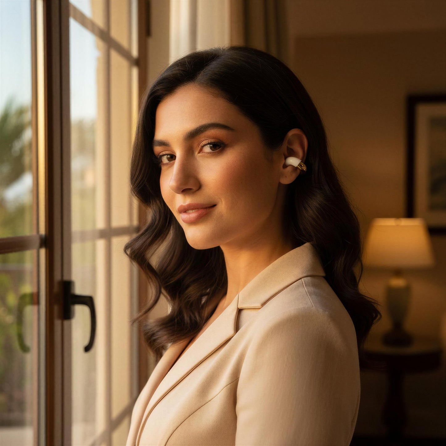 Woman wearing the Gatsby Arc Ear Cuff – Milky White indoors near a window