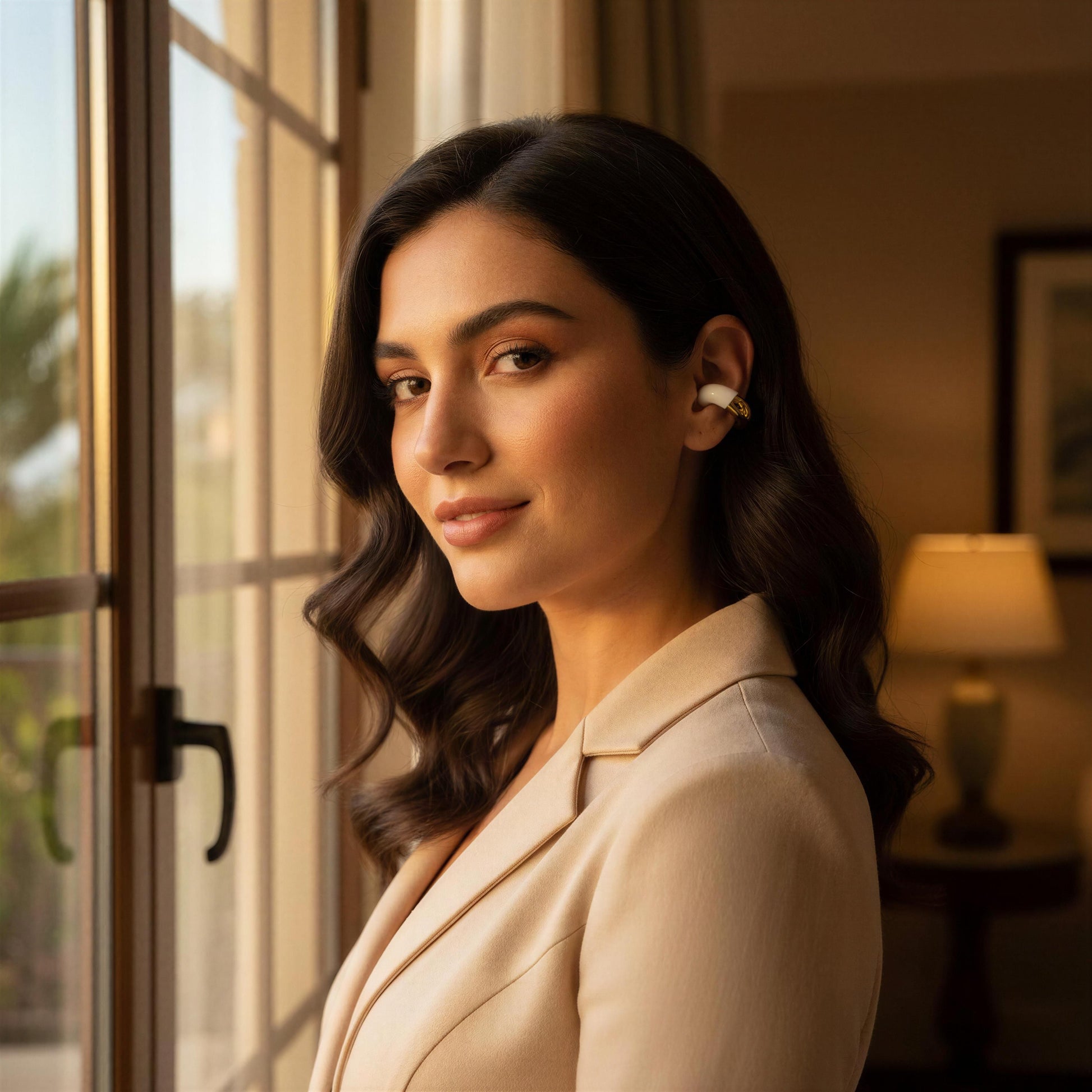 Woman wearing the Gatsby Arc Ear Cuff – Milky White indoors near a window