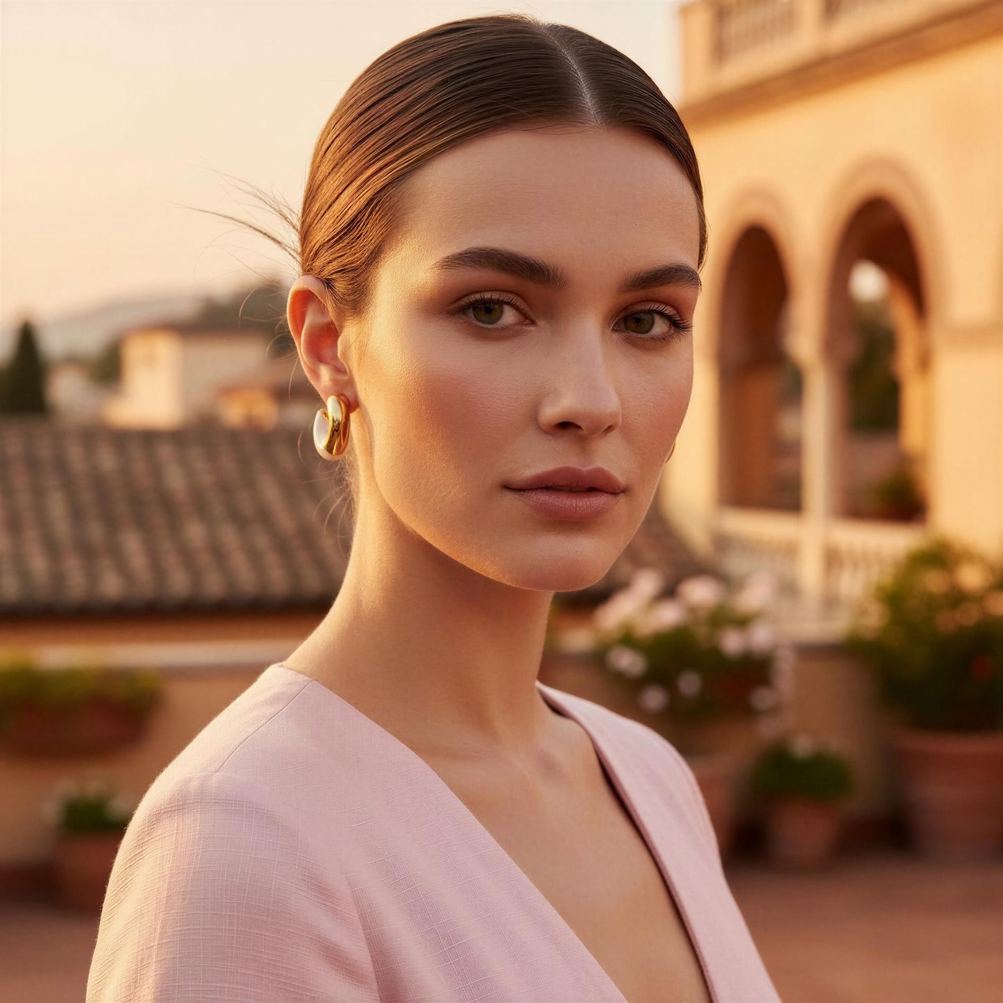 Woman with styled hair and makeup in an outdoor setting with architectural elements wearing the Gatsby Arc Earrings 