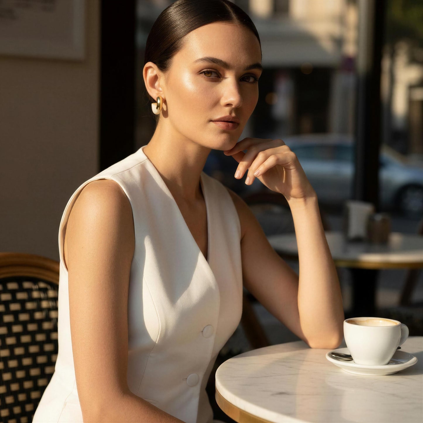 Woman sitting at a cafe table with a cup of coffee, blurred city street in the background wearing the Gatsby Arc Earrings . 
