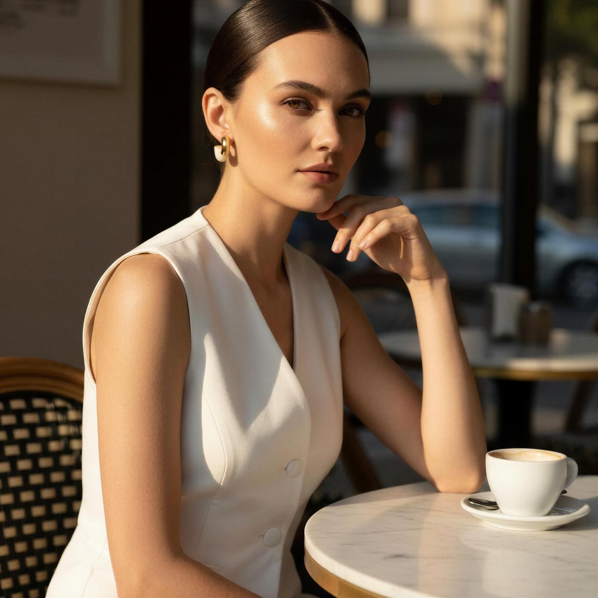 Woman sitting at a cafe table with a cup of coffee, blurred city street in the background wearing the Gatsby Arc Earrings . 