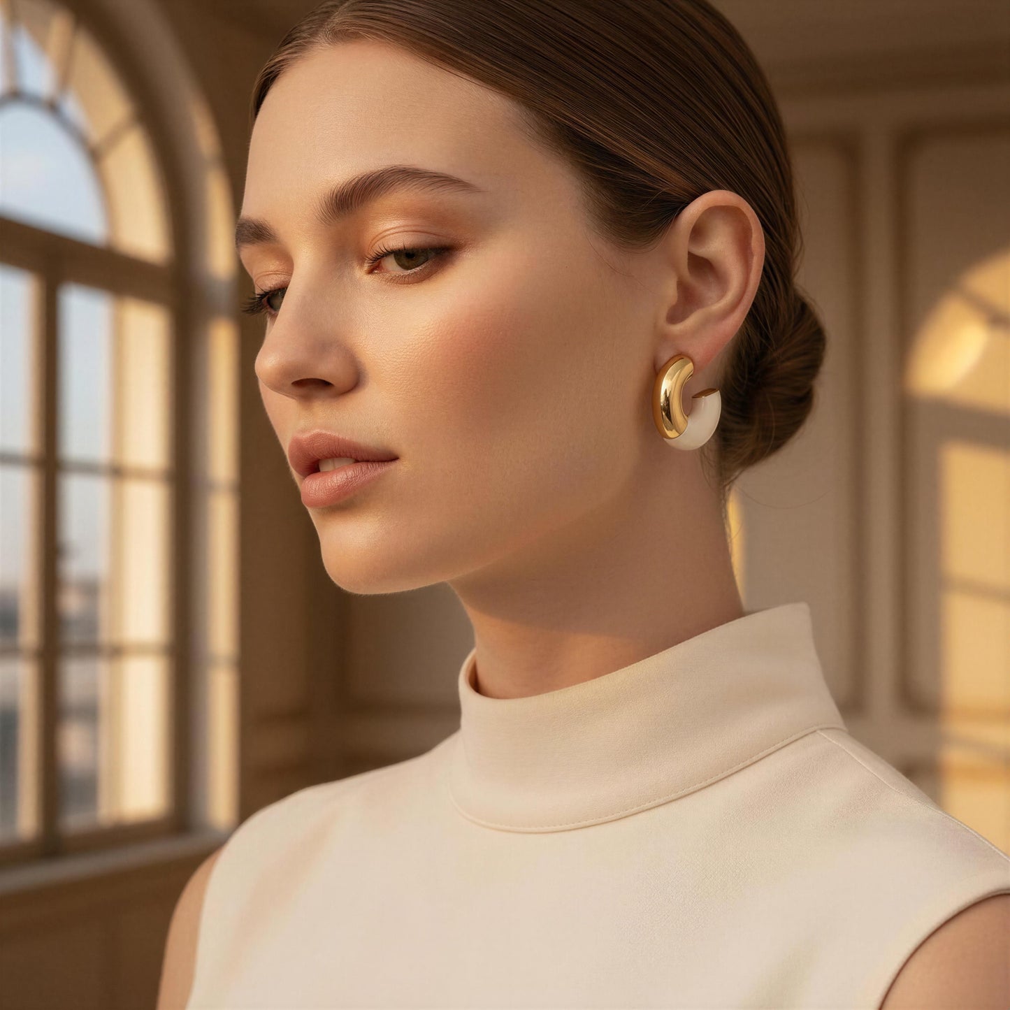 Woman wearing gold hoop earrings in a softly lit room with large windows wearing  Gatsby Arc Earrings. 