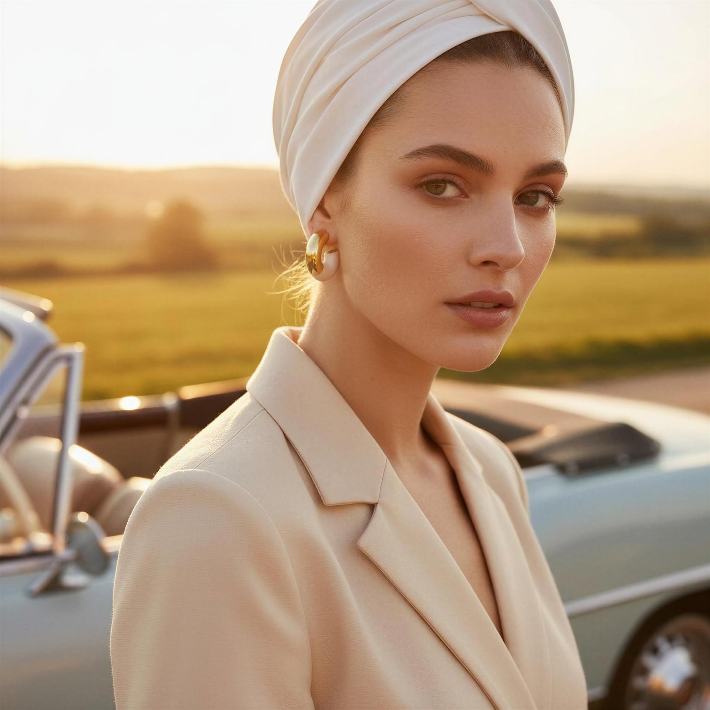 Woman in a beige outfit with a headscarf standing in front of vintage cars in a field wearing the Gatsby Arc Earrings. 