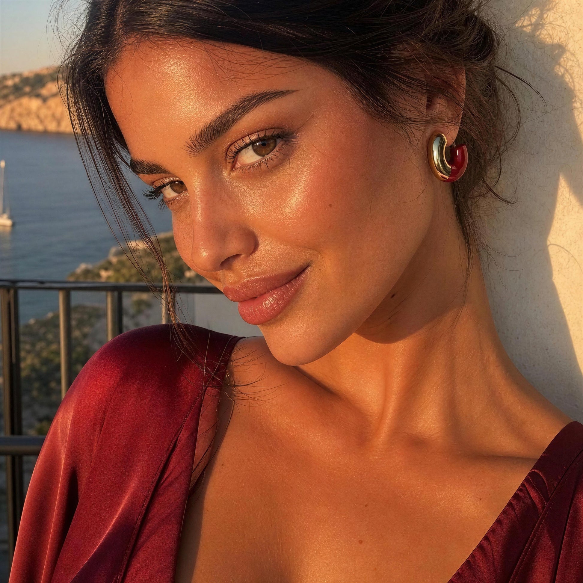 A close-up lifestyle shot of a woman wearing the , Gatsby Arc Earrings - Merlot, set against a warm sunset background with a sea view.
