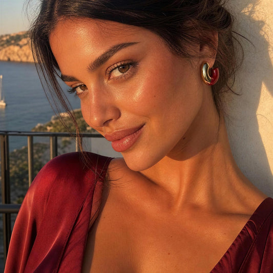 A close-up lifestyle shot of a woman wearing the , Gatsby Arc Earrings - Merlot, set against a warm sunset background with a sea view.