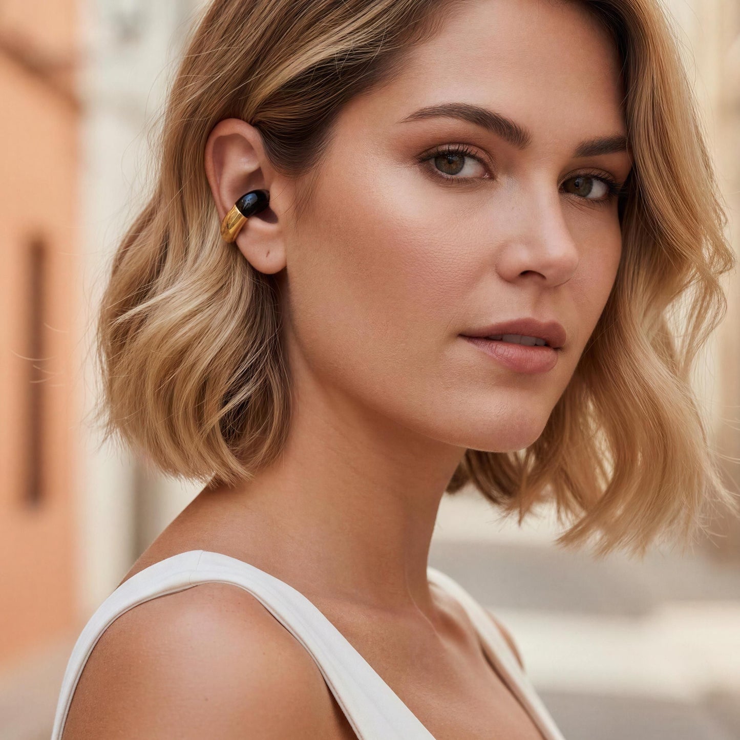 Woman wearing a white top with a blurred street background and the Gatsby Ear Cuff in Onyx
