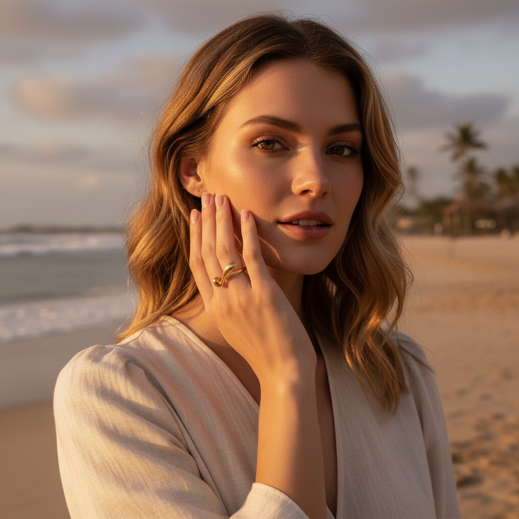 Woman on a beach with a ring on her finger, palm trees in the background
