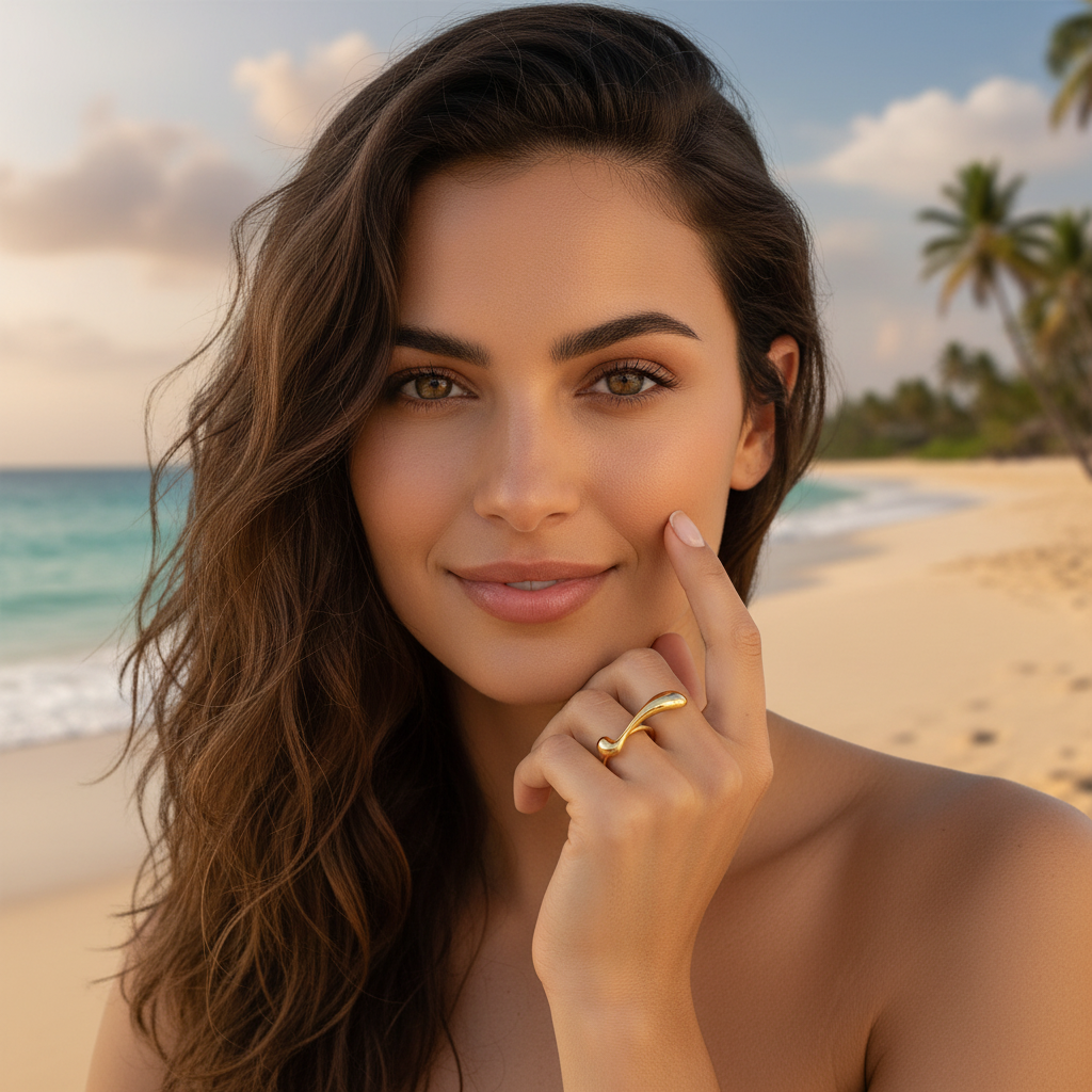 Woman on a beach with palm trees and ocean in the background wearing the Chica Chica Jewelry Golden Cascade Ring