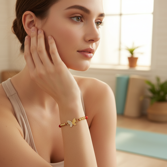 Woman wearing a bracelet with a blurred indoor background