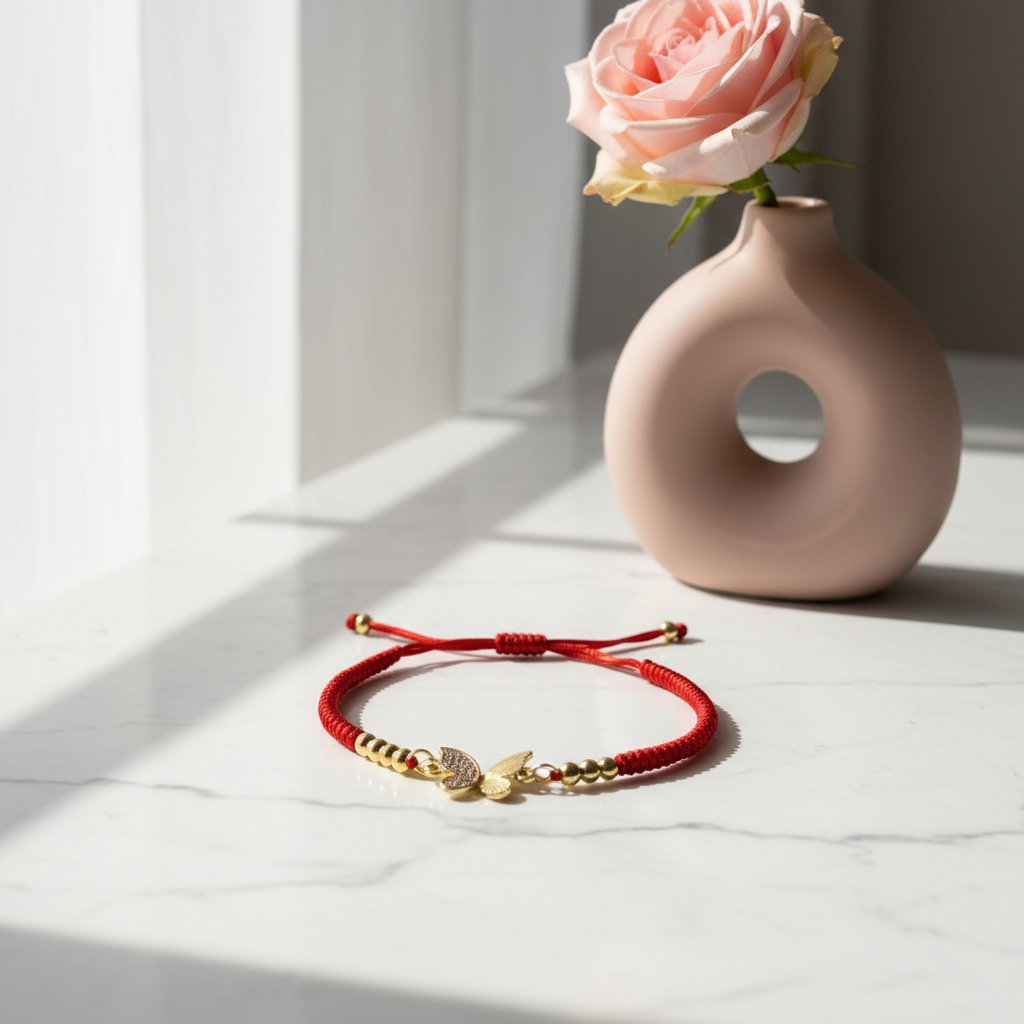 Red bracelet with gold accents on a light surface next to a pink vase with a flower.