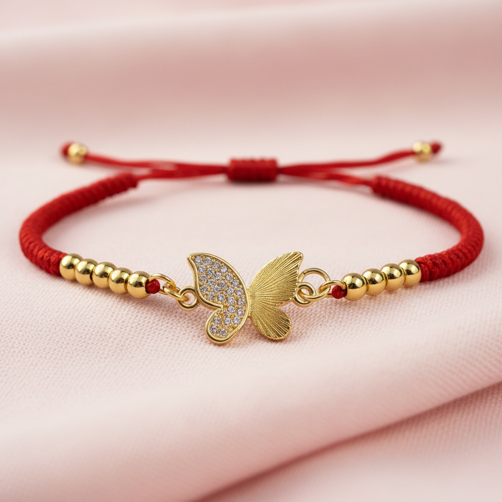 Red string bracelet with gold beads and a butterfly charm on a pink background