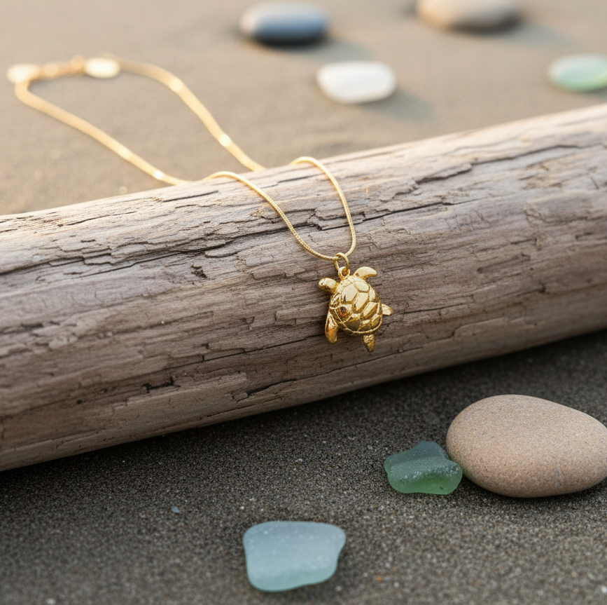 Golden Harbor Turtle Necklace on a piece of driftwood with beach stones in the background