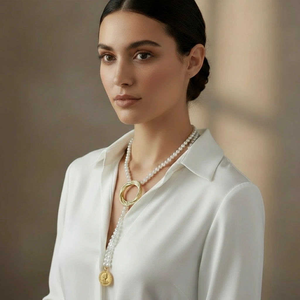  Golden Harmony Pearl Lariat Necklace_ChicaChica