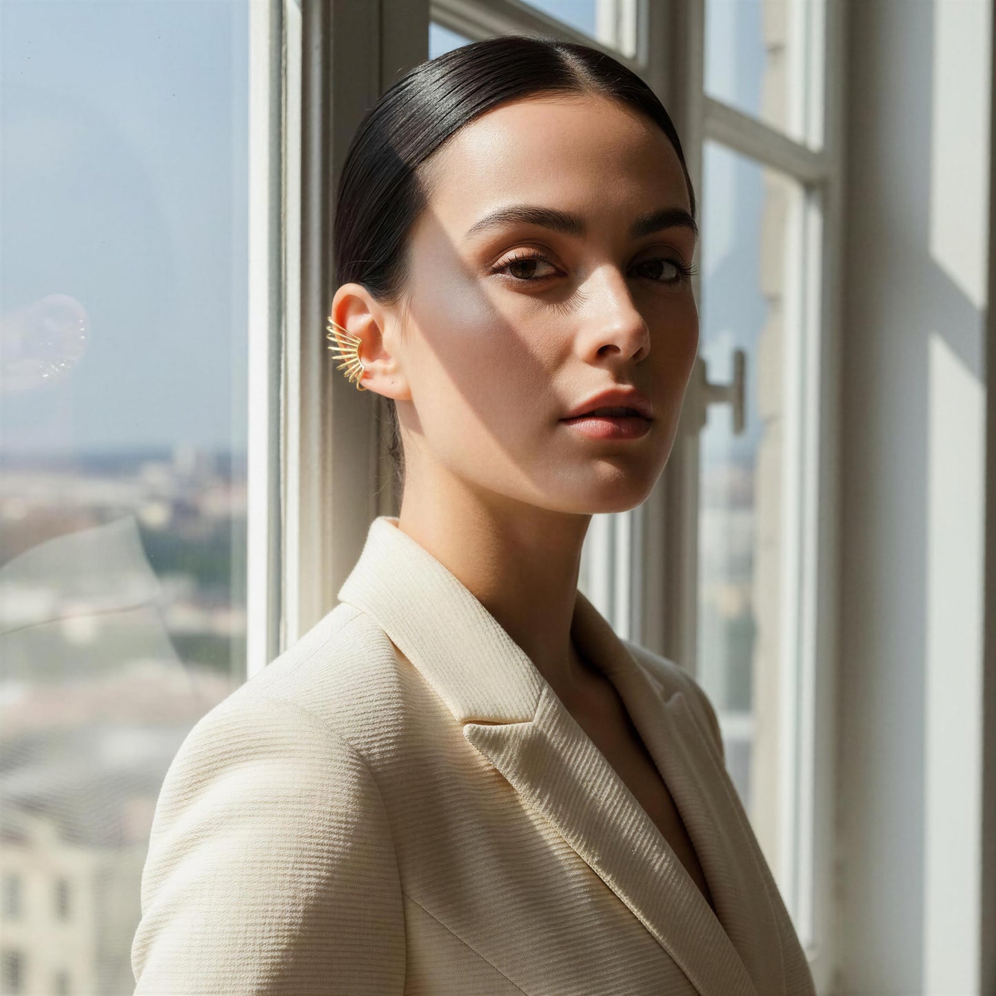 Woman in a beige blazer standing by a large window with a cityscape view wearing the Golden Horizon Ear Cuff