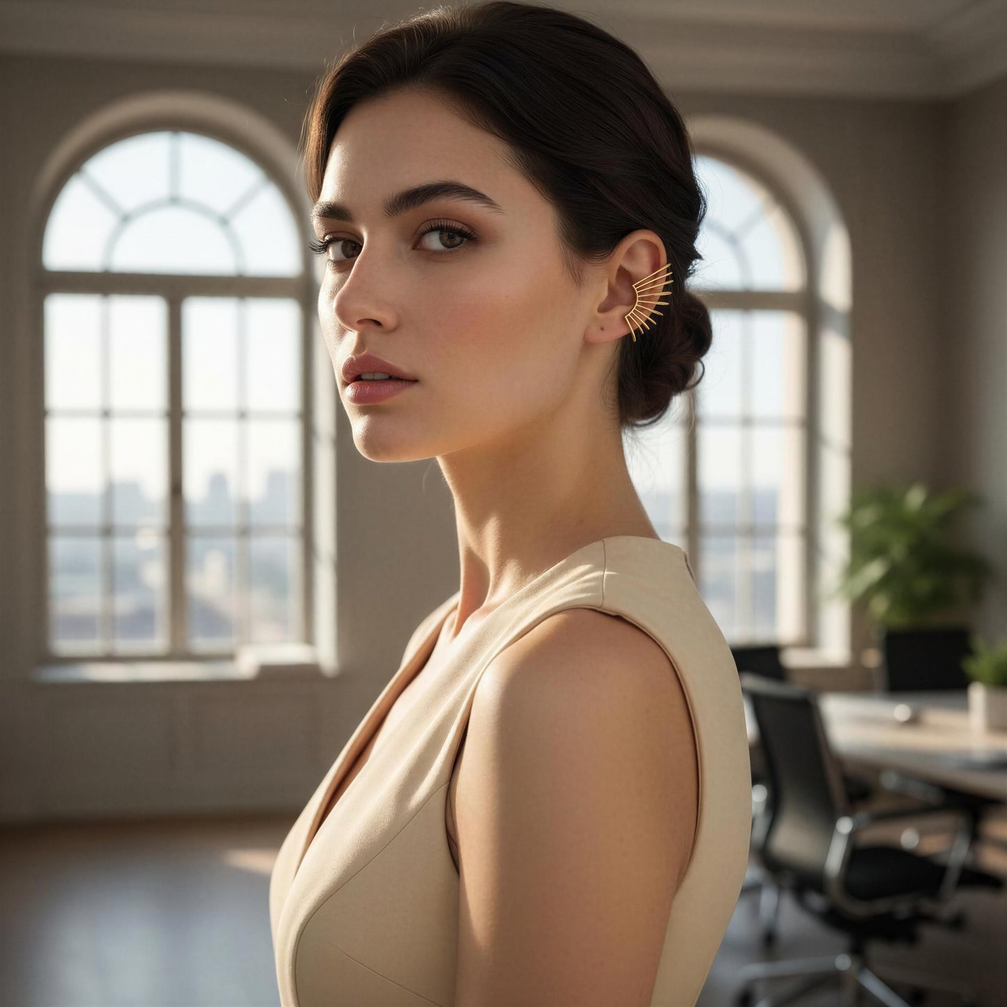 Woman wearing a beige dress and the Golden Horizon Ear Cuff in an office setting