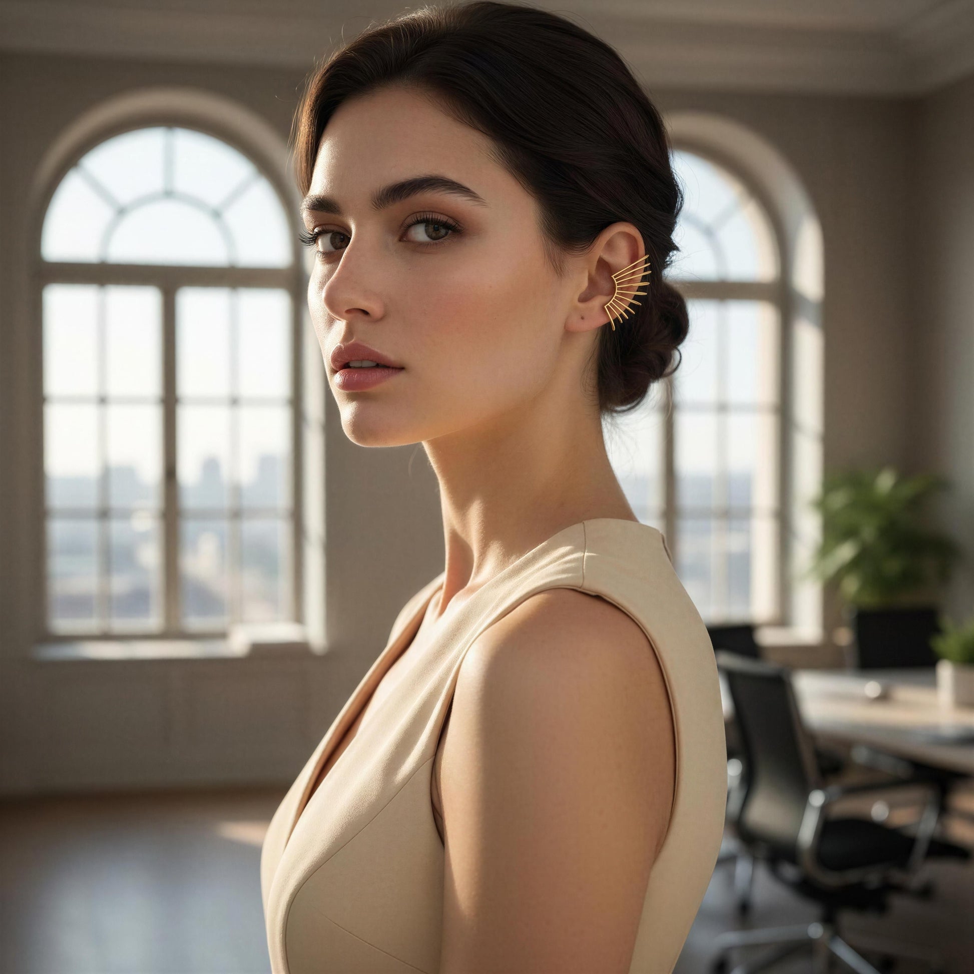 Woman wearing a beige dress and the Golden Horizon Ear Cuff in an office setting