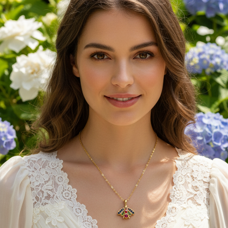 Woman wearing a gold Chica Chica Jewelry necklace with a colorful pendant in front of hydrangea flowers
