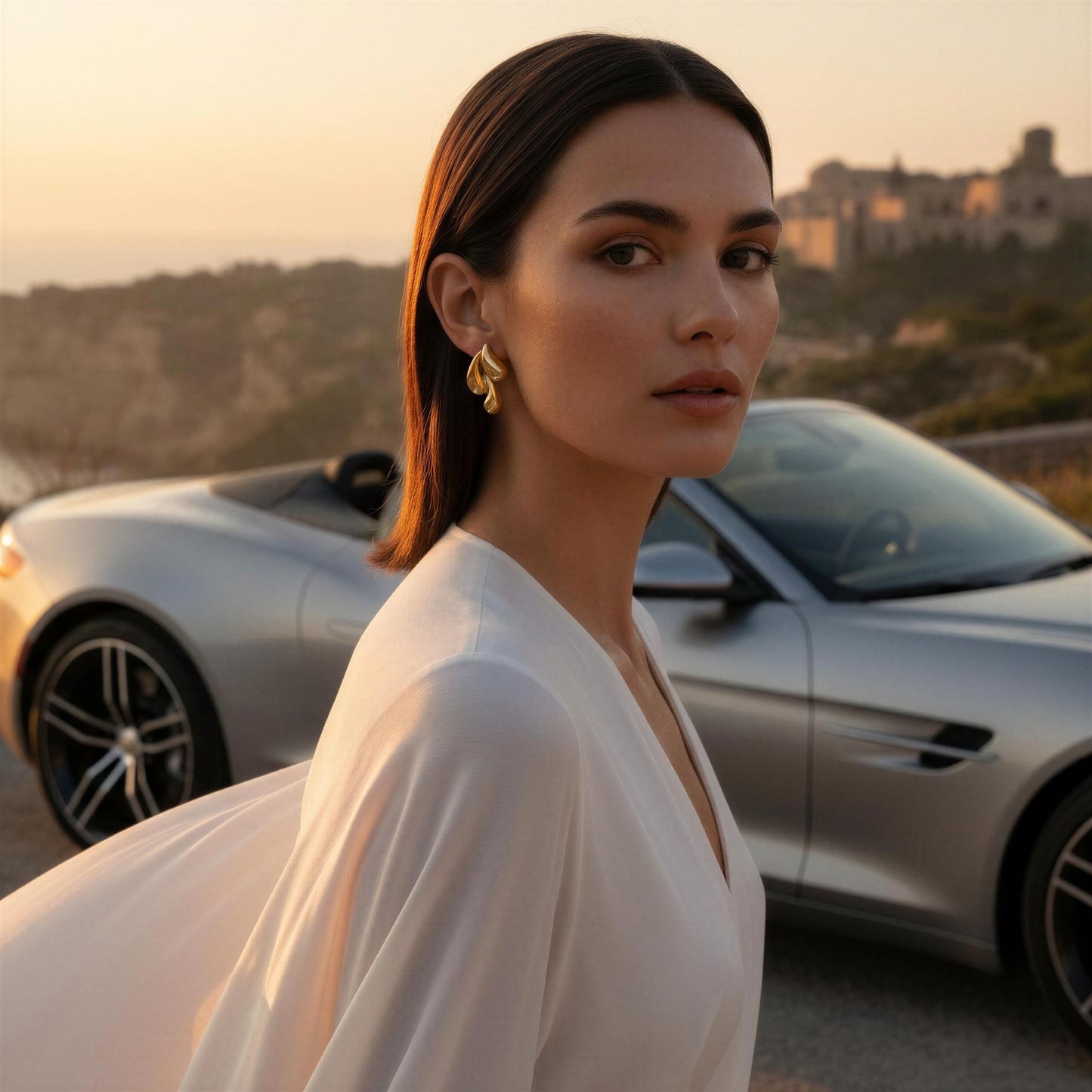 Woman in a white dress standing next to a silver sports car with a scenic background wearing the Golden Molten Wave Drops.