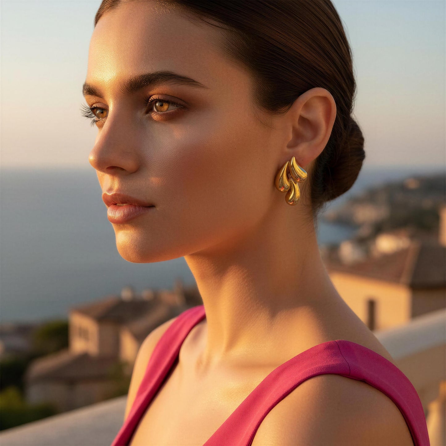 Woman wearing the Golden Molten Wave Drops from Chica Chica Jewelry with a scenic background