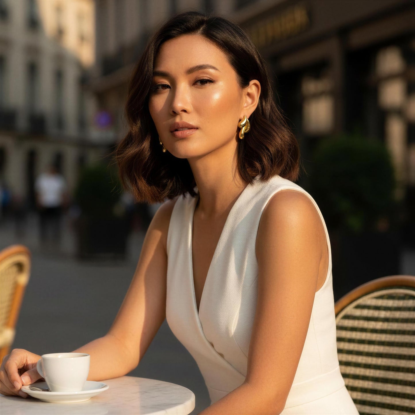 Woman in a white dress sitting at an outdoor cafe table with a blurred city street background wearing the Golden Molten Wave Drops.