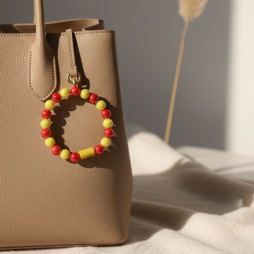 Beige handbag with the Golden Sunset Bracelet from Chica Chica Jewelry