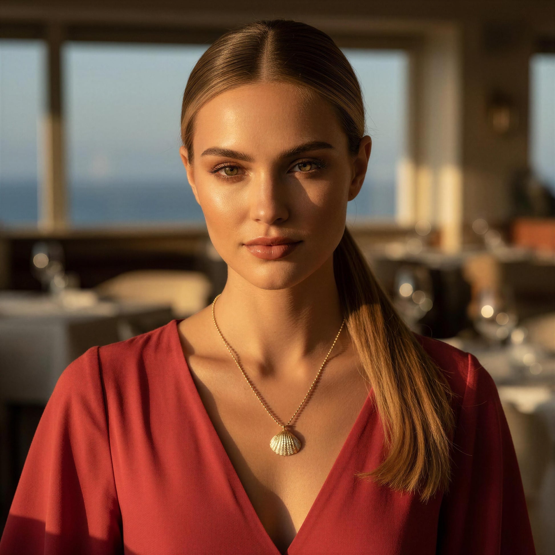 Woman wearing a red dress with the Golden Tide Shell Necklace in an indoor setting