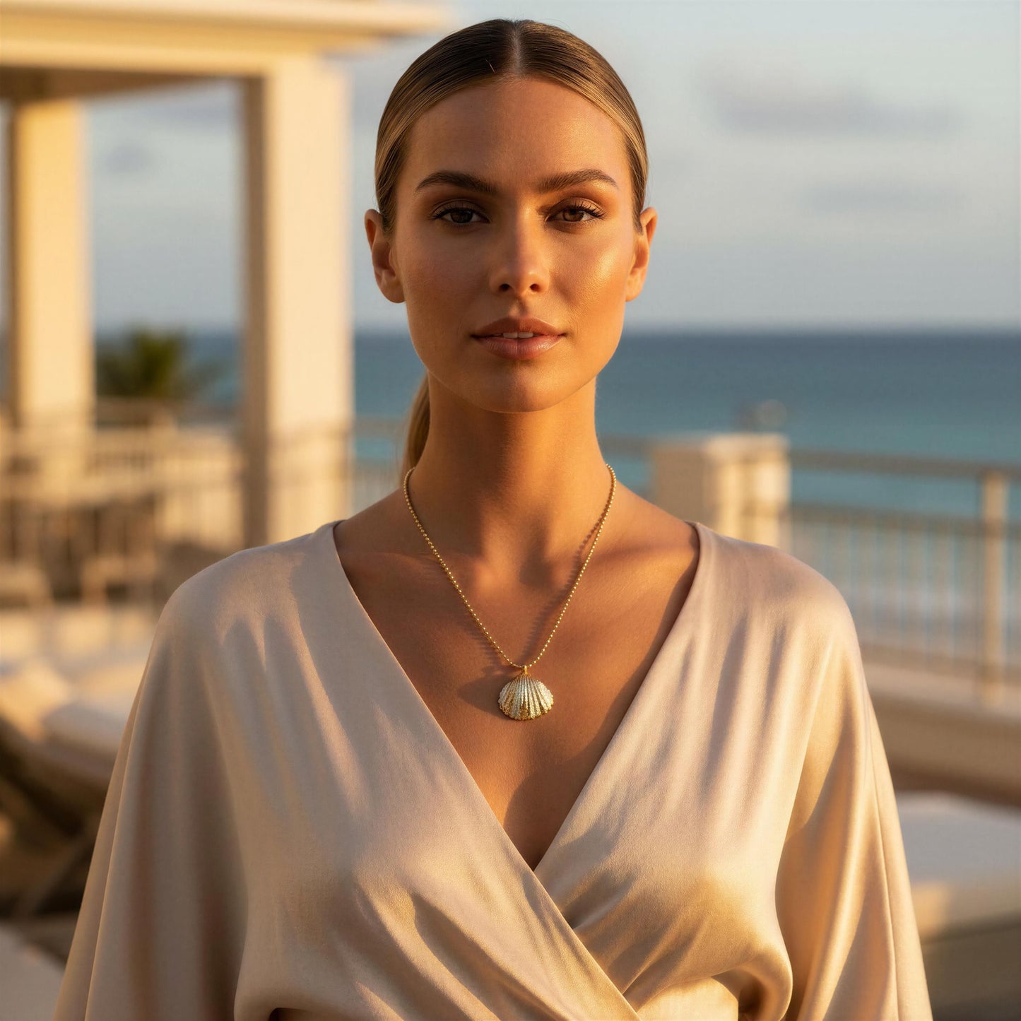 Woman wearing a gold necklace with a shell pendant by the ocean.