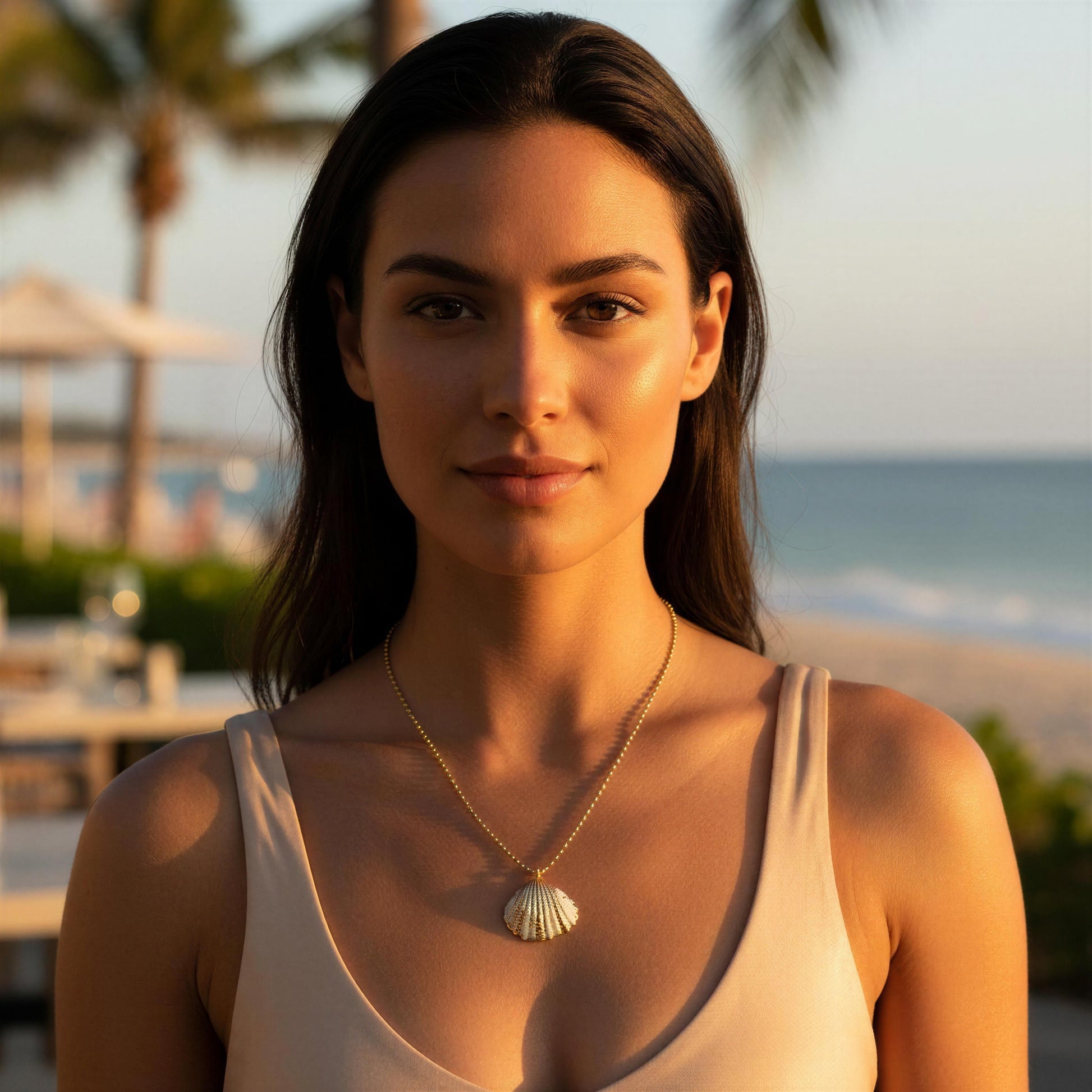 Woman wearing a necklace with a shell pendant by a beach