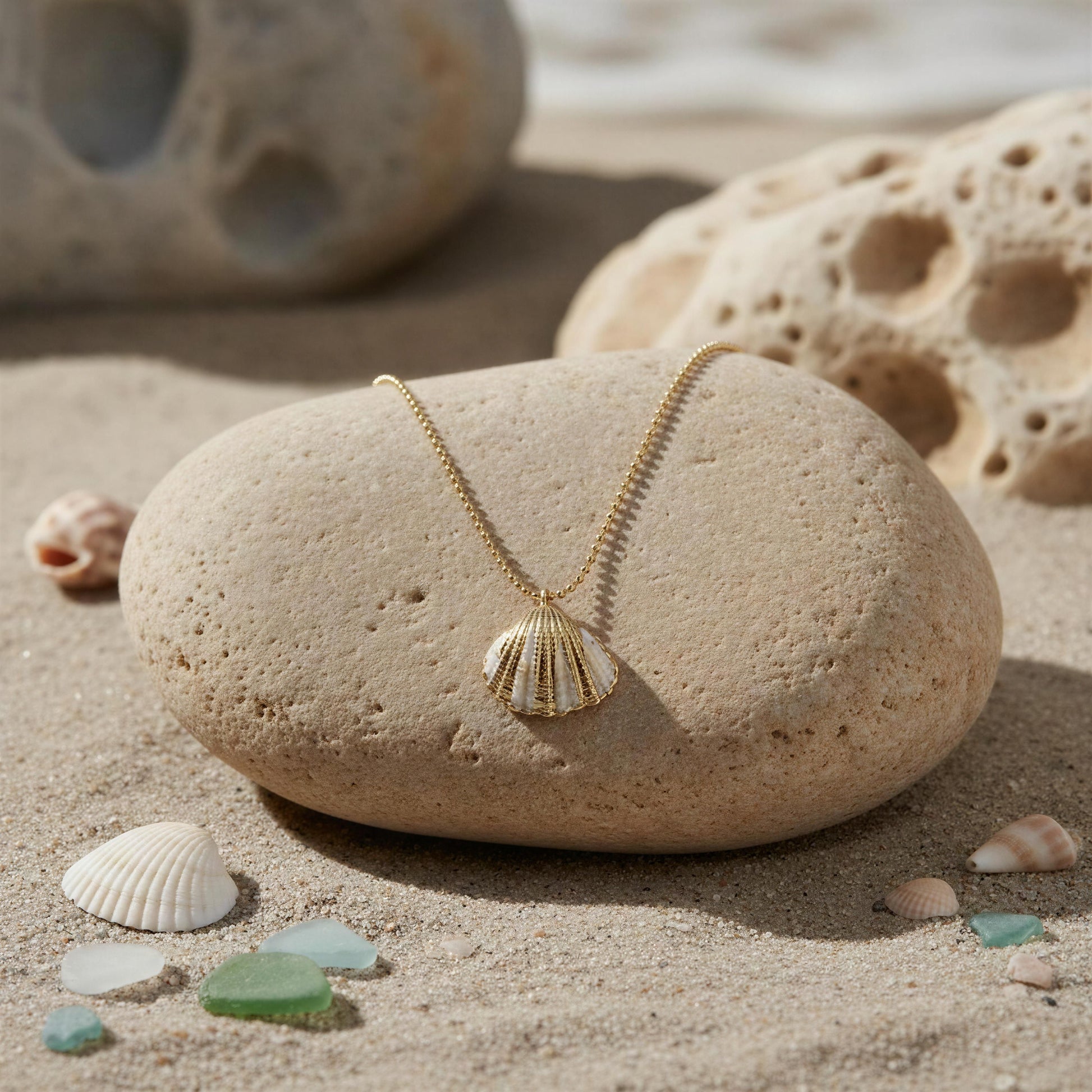 Gold necklace with a shell pendant on a stone with beach stones and shells in the background