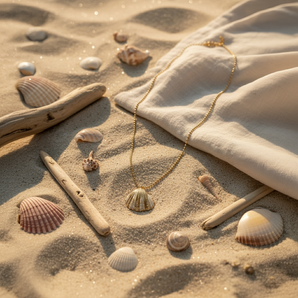 Gold necklace with a shell pendant on sand with shells and driftwood