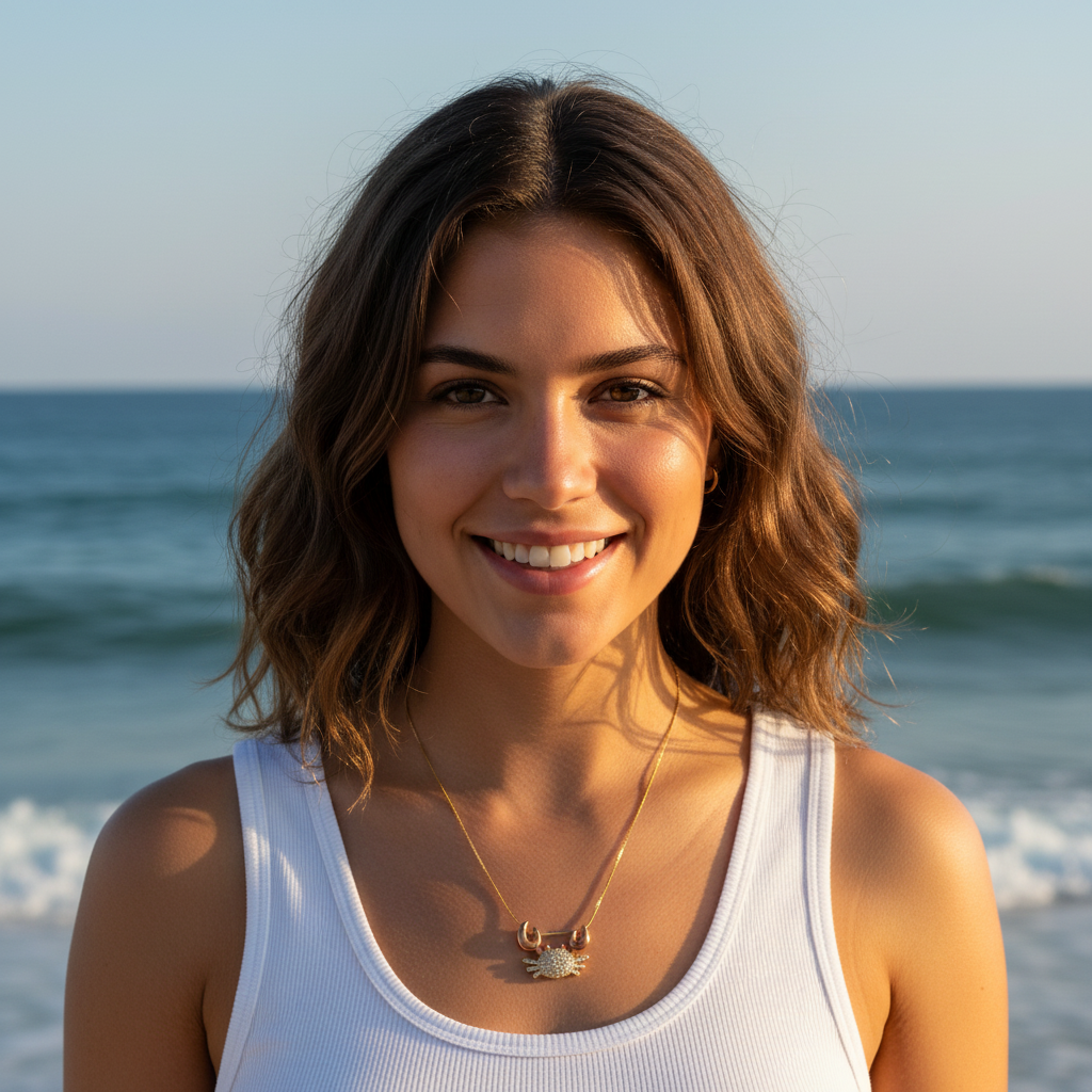 Woman smiling on a beach with ocean in the background wearing the Golden Tides Crab Necklace