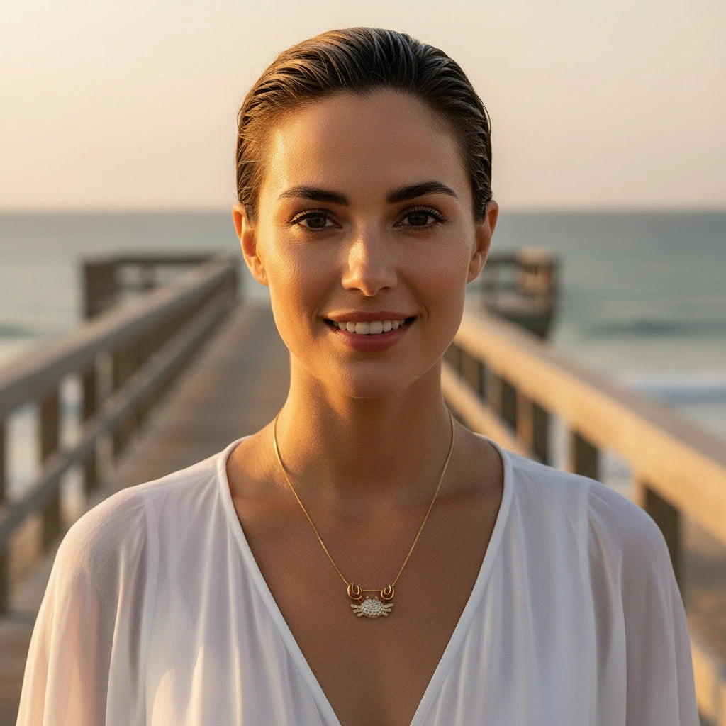 Woman standing on a wooden pier by the ocean, wearing a white top and the Golden Tides Crab Necklace from Chica Chica Jewelry