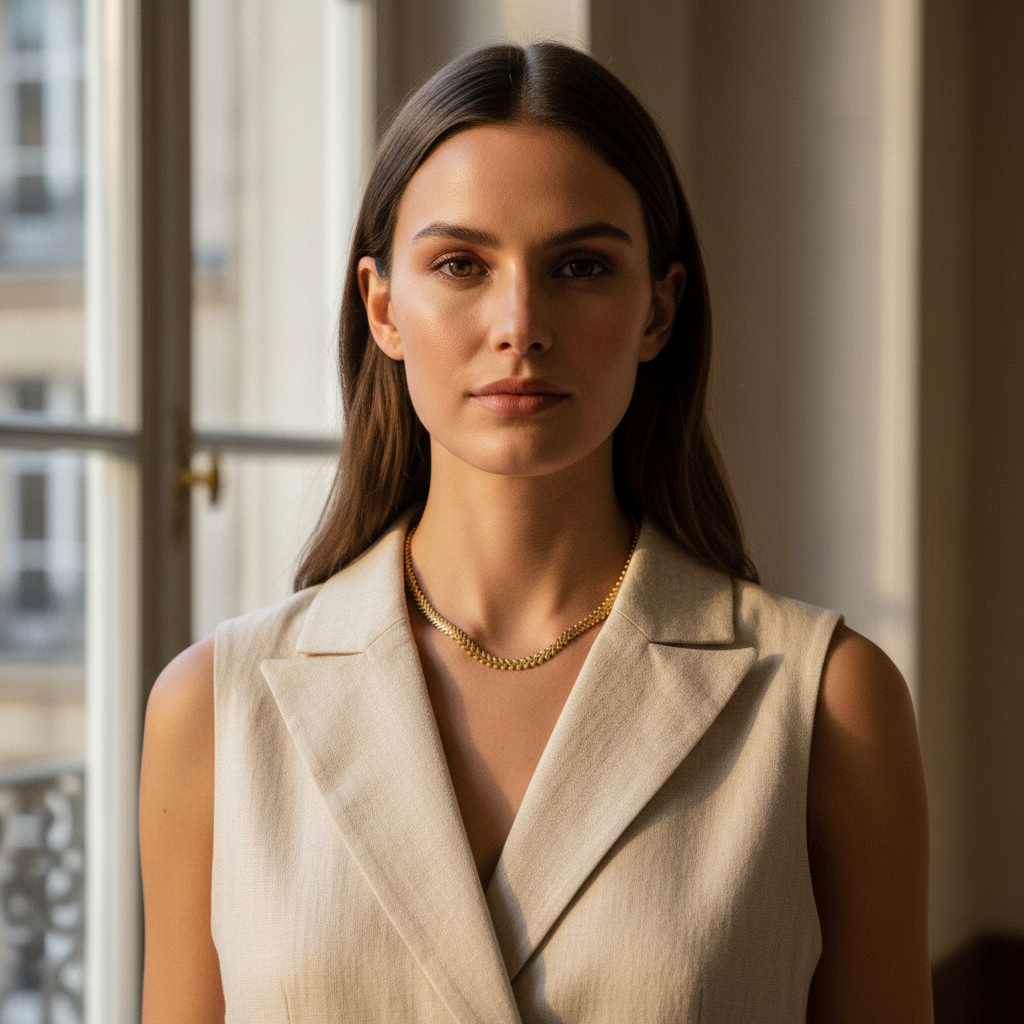 Woman wearing a beige blazer with the Golden Vine Necklace on a softly lit room.