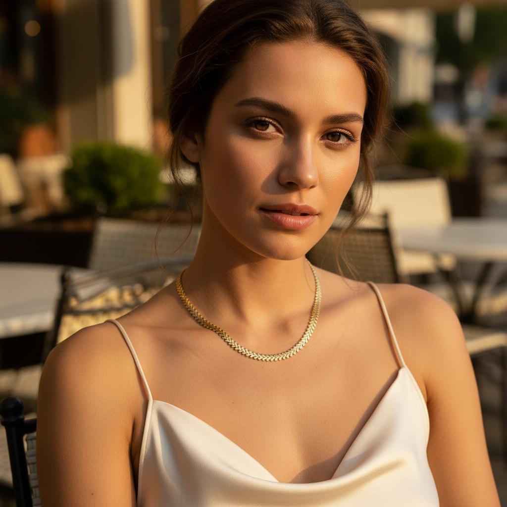 Woman wearing a white top and the Golden Vine Necklace  in an outdoor setting