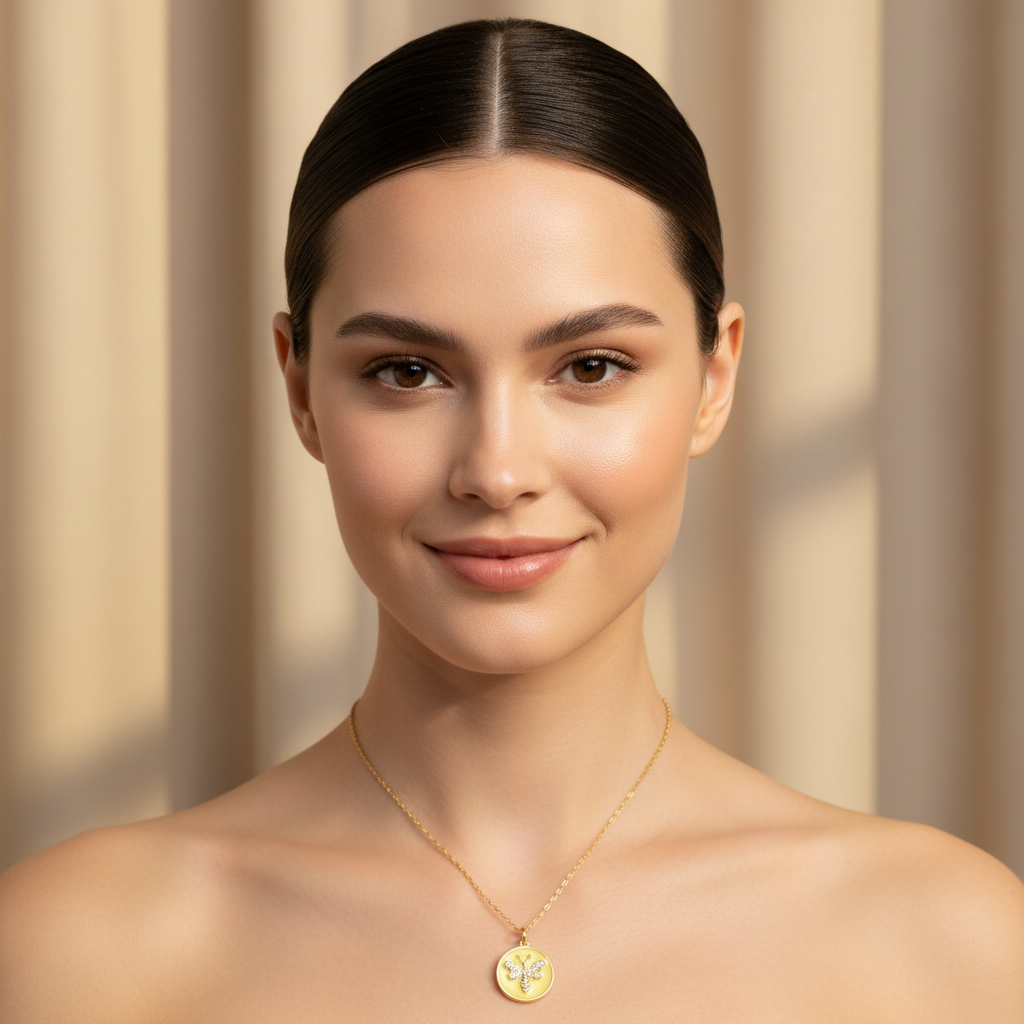 Woman wearing a Chica Chica Jewelry gold necklace against a neutral background