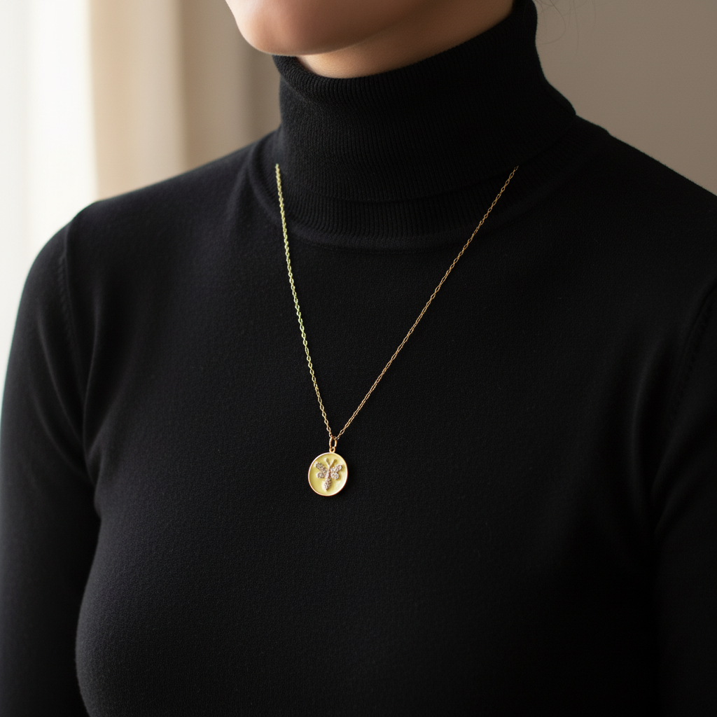 Person wearing a black turtleneck and gold necklace with a pendant from Chica Chica Jewelry