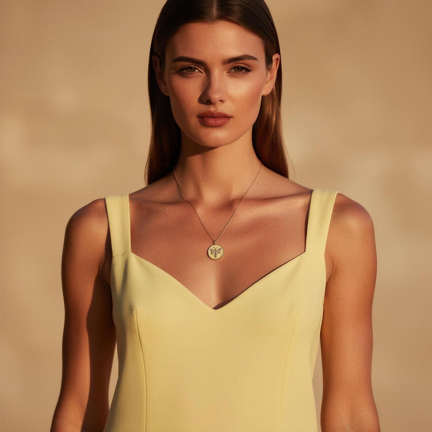 Woman wearing a yellow dress against a beige background and the Golden Wasp Medallion Necklace