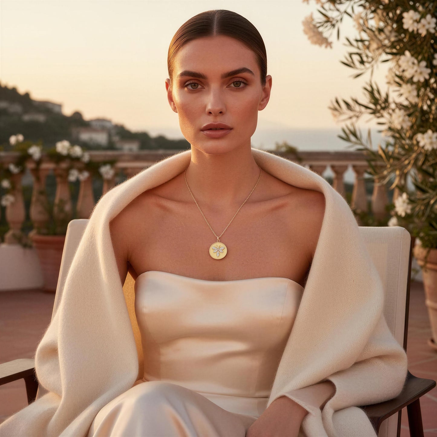 Woman in a white dress with a beige shawl sitting outdoors with a scenic background
