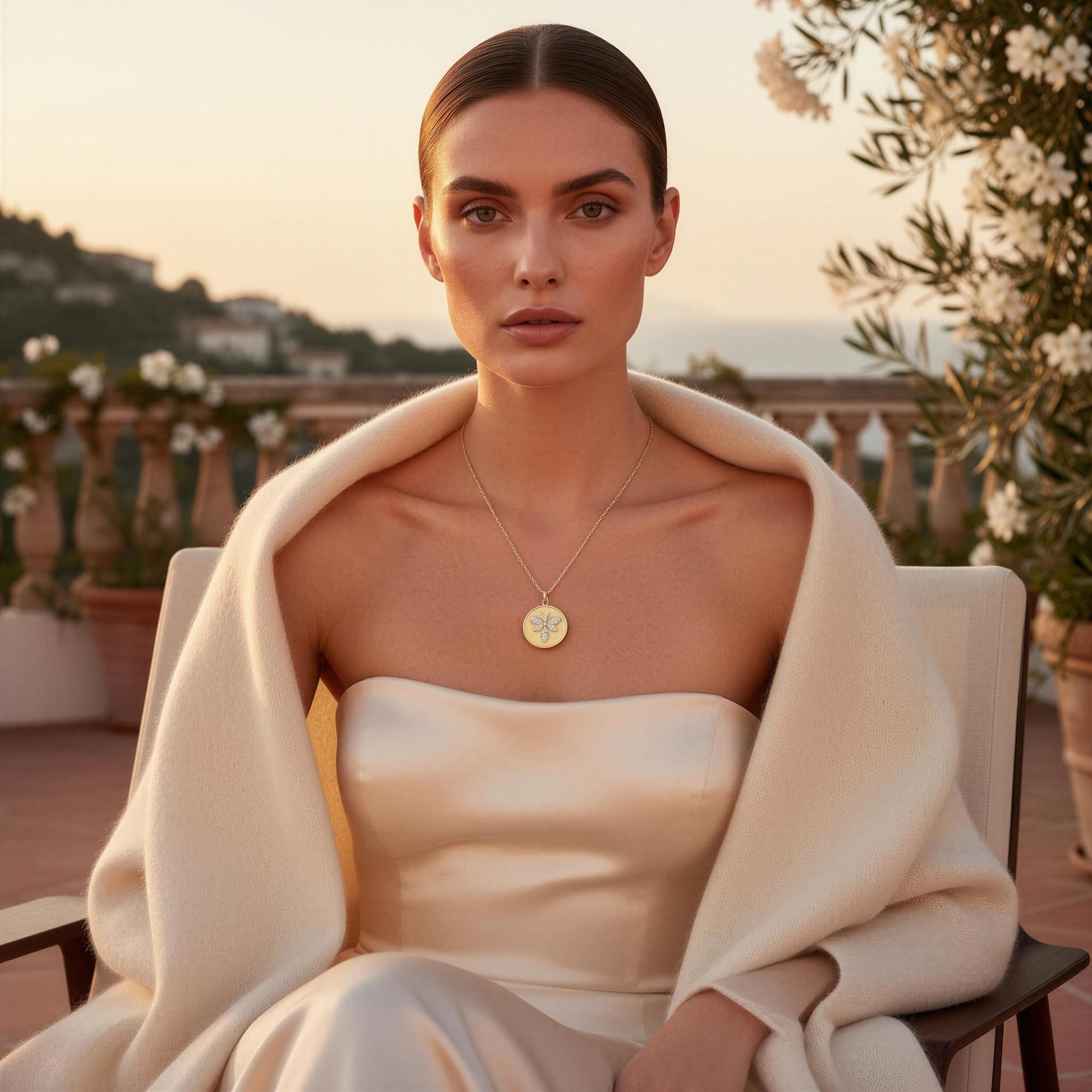 Woman in a white dress with a beige shawl sitting outdoors with a scenic background