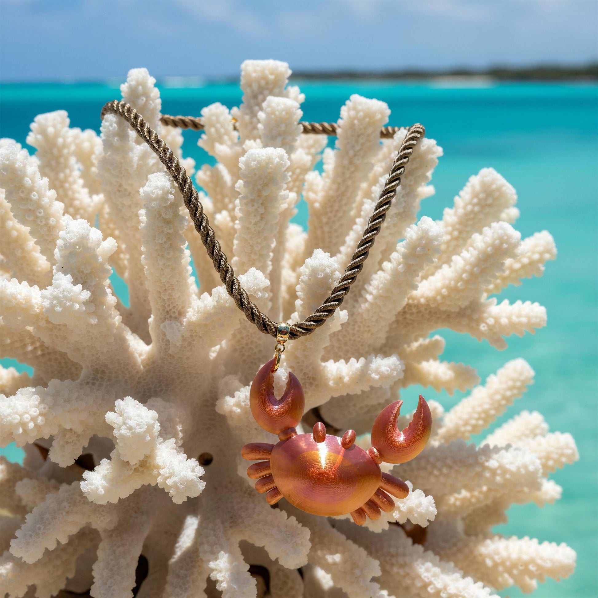 The  Granchio Necklace from Chica Chica Jewelry hanging from a coral at seasdide. 