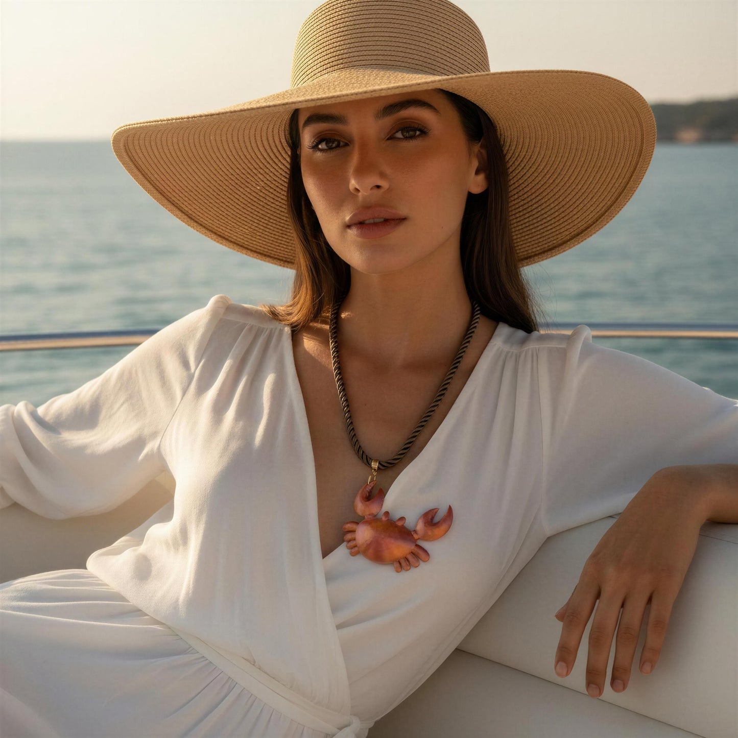 Women wearing the Granchio Necklace from Chica Chica Jewelry sitting on a yacht by the sea.