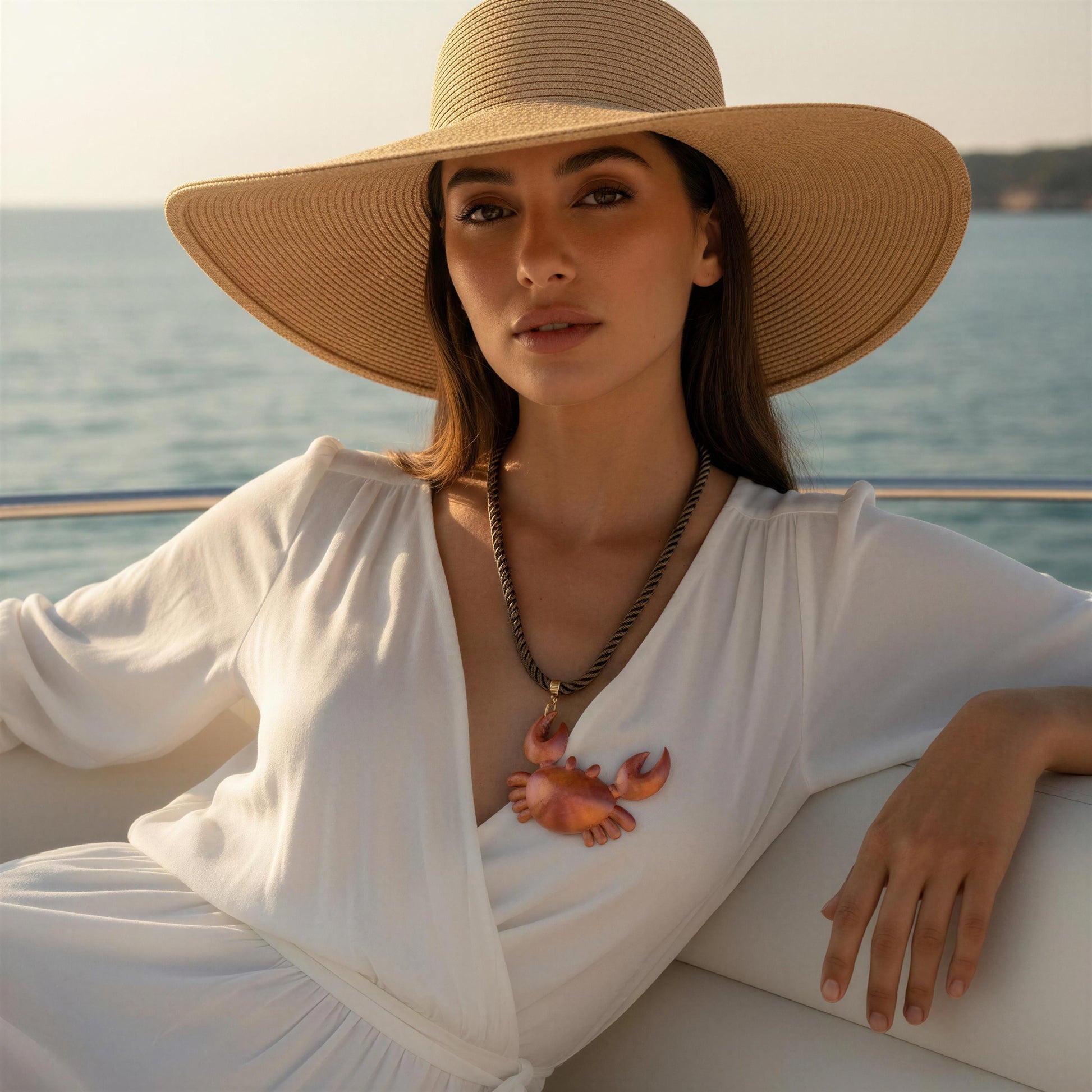 Women wearing the Granchio Necklace from Chica Chica Jewelry sitting on a yacht by the sea.