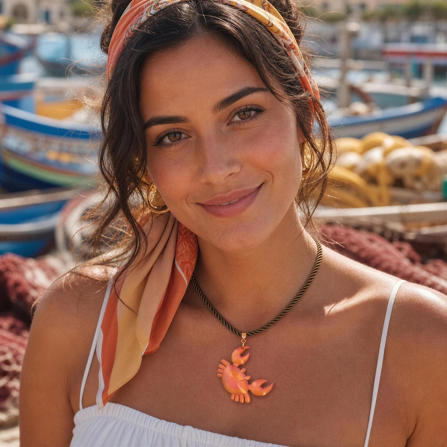 Model wearing the Granchio Necklace from Chica Chica Jewelry at Mediterranean fishing marina.
