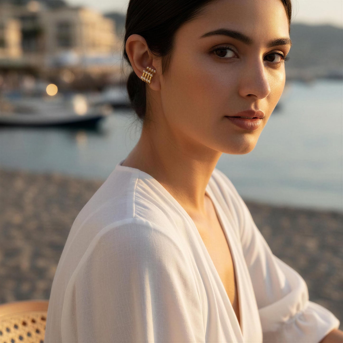 Woman wearing the Grid Pearl Ear Cuff featuring pearl accents and 18K gold-plated architectural detailing with a waterfront background.